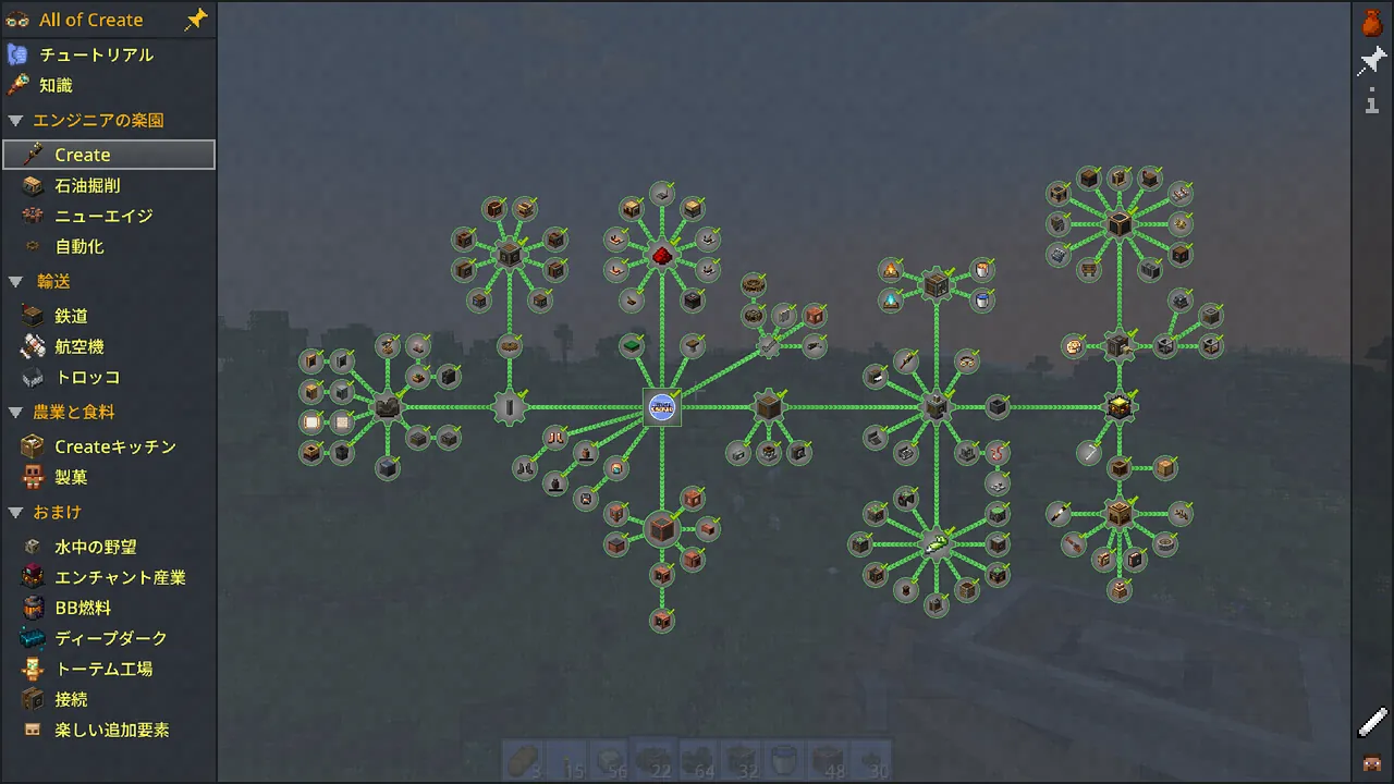 Create Modに関連する膨大なクエストツリーの全体像。「エンジニアの楽園」カテゴリ内の各工程が歯車状のアイコンで網羅されており、進捗状況が視覚的に確認できるGUI画面。