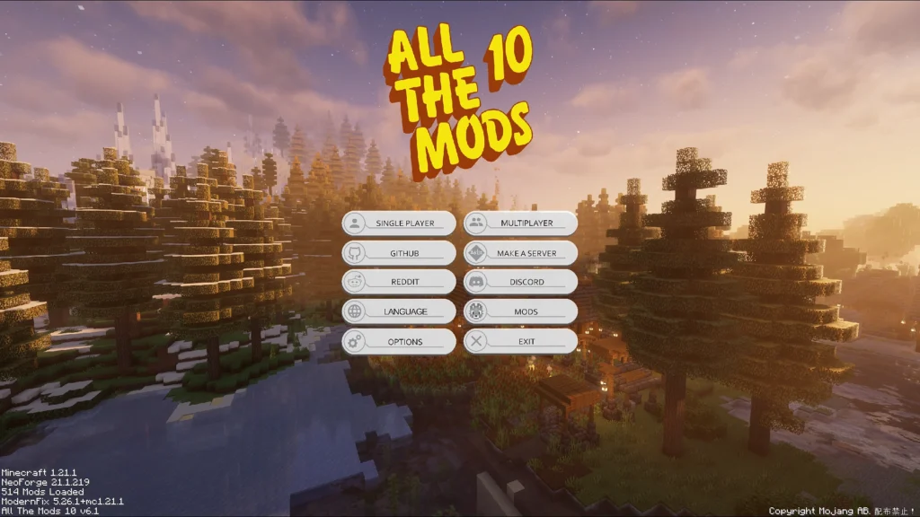 NeoForge対応のModパック「All the Mods 10」のカスタムメインメニュー画面。