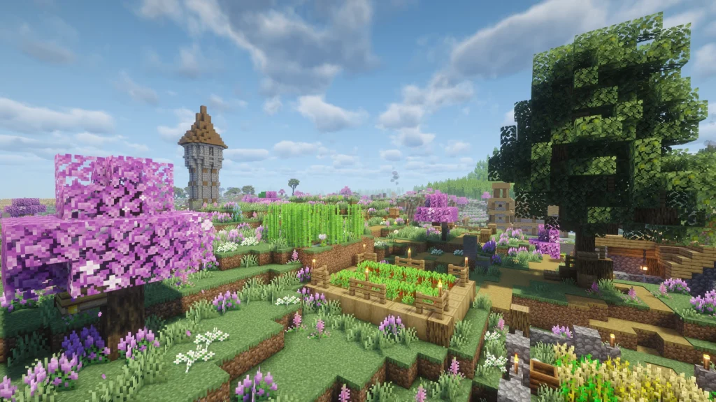 All the Mods 10で追加される色鮮やかな花々と桜の木が広がるバイオームと遠方の石塔。