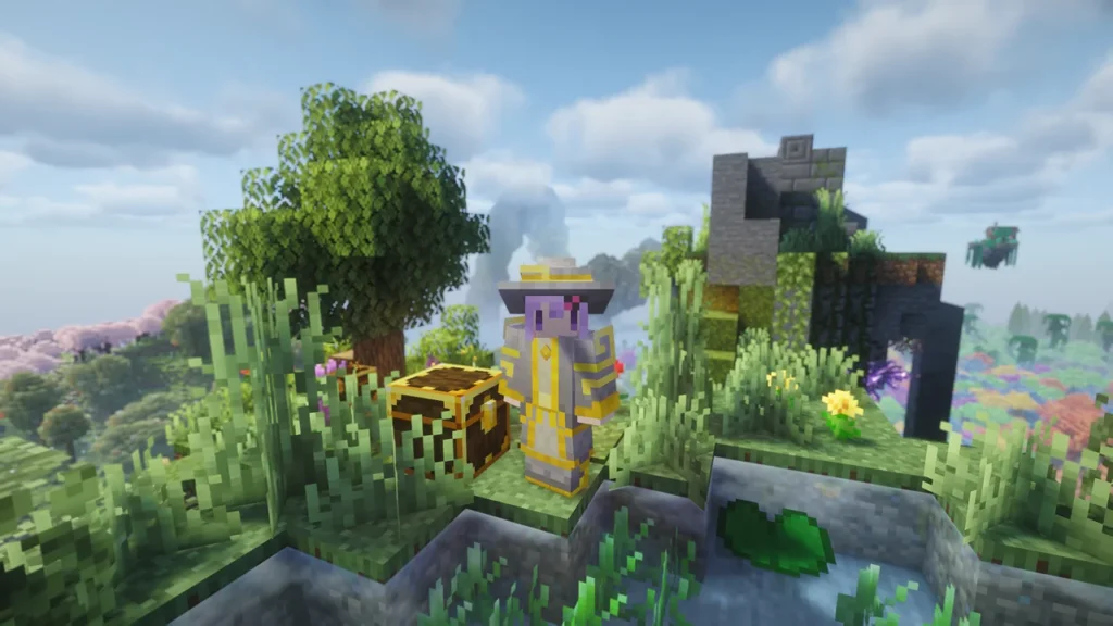 Ars Elementalの緑を基調とした地属性の魔法装備を身に纏い、草原に立つプレイヤー