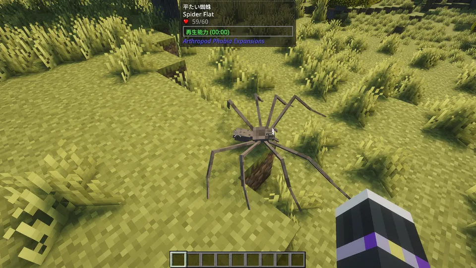 ArPhEx Modに登場する「平たい蜘蛛（Spider Flat）」。明るい平原の草ブロックの上にいる、灰色で体が非常に平べったく、横に長く伸びた脚を持つ蜘蛛。画面上部にはMod名と体力バーが表示されている。