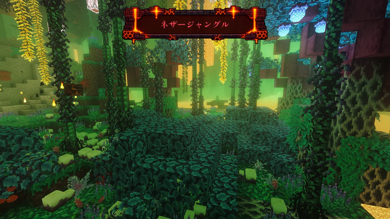 緑の植物と垂れ下がるつるが密集するネザージャングル