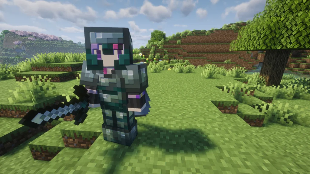 剣を持ち、灰色の防具一式を装備したプレイヤー