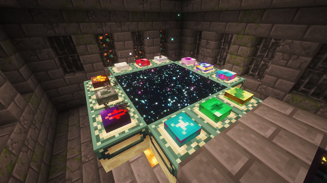 石レンガの要塞内に設置された、End Remastered専用のエンドポータルフレーム。円形に並んだフレームには、それぞれ異なる色やデザインを持つ12種類の特殊な「エンダーアイ」が嵌め込まれています。