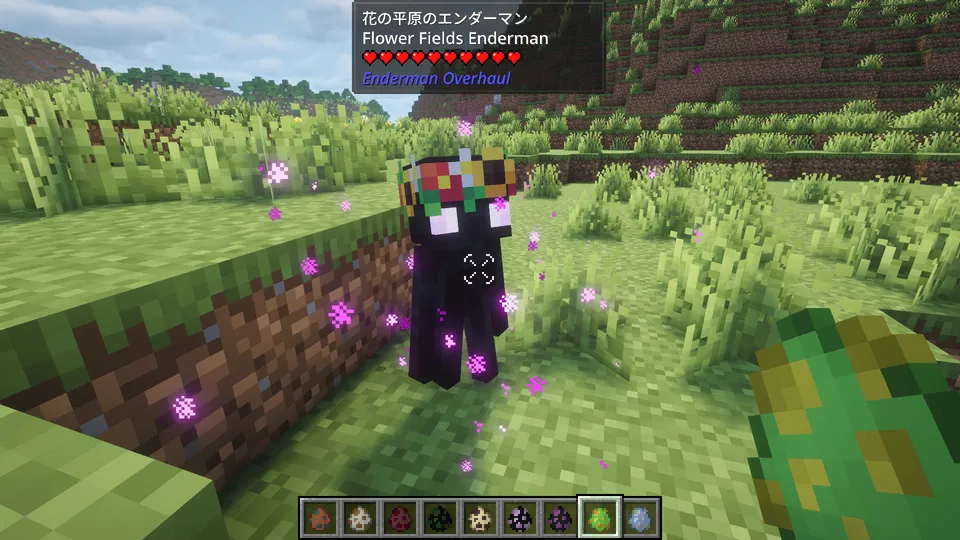 マインクラフトのEnderman Overhaul Modに登場する「花の平原のエンダーマン（Flower Fields Enderman）」。小柄で可愛らしい姿をしており、頭に色鮮やかな花の冠を載せている。周囲にはピンク色のパーティクルが舞い、のどかな草原に佇んでいる。