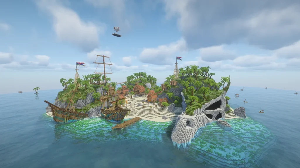 FTB OceanBlock 2の拠点。大海原に浮かぶ、ドクロの岩山や沈没船、熱帯の木々が立ち並ぶ島の全景。