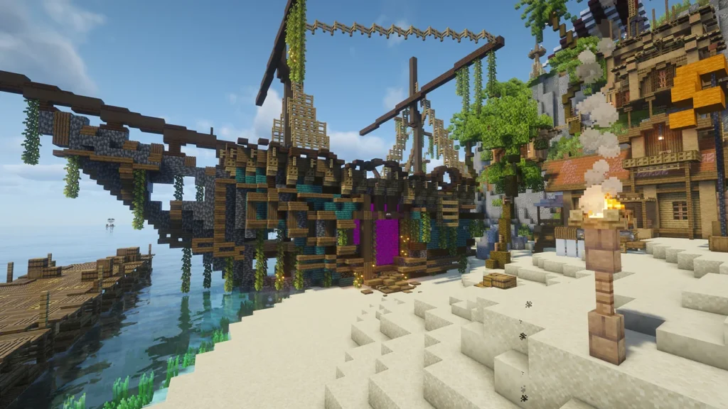 FTB OceanBlock 2の砂浜。沈没船を改装した建物の中に、紫色のネザーポータルが設置されている場面。