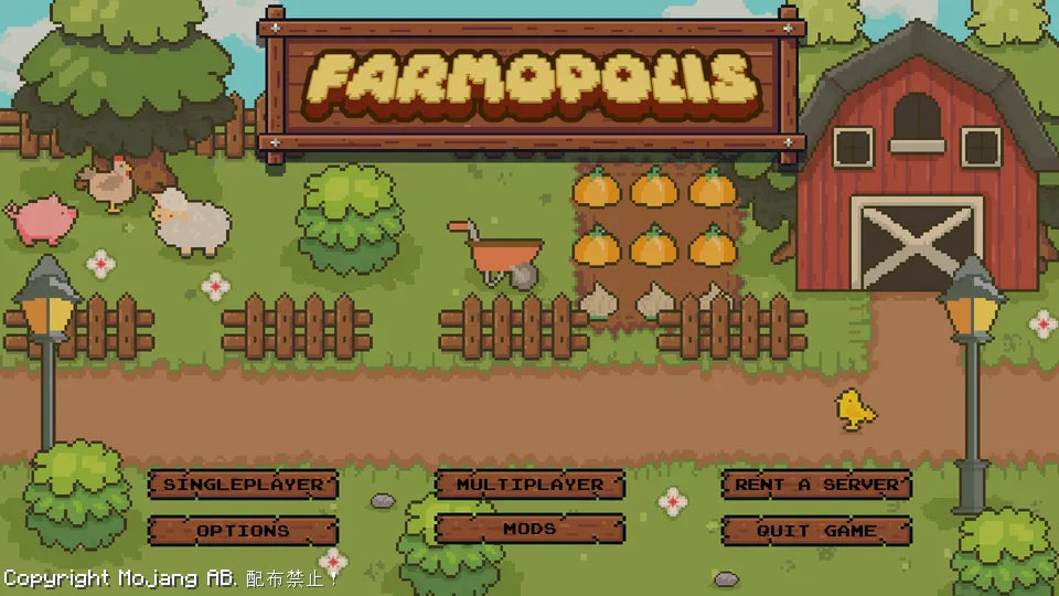「Farmopolis」のカスタムメインメニュー画面。赤い納屋やカボチャ畑、可愛い動物たちが描かれたパステル調のピクセルアートを背景に、木製看板風のデザインで各種メニューボタンが配置されています。