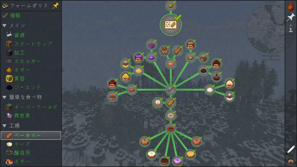 「工場：ベーカリー」カテゴリの広大なクエストツリー。パンやドーナツ、クッキーなど、多種多様な製菓・製パンアイテムのレシピ解放状況を網羅的に確認できます。