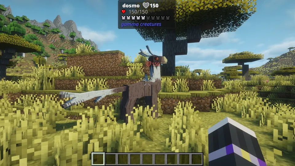 Gamma Creatures Modに登場するクリーチャー「dosmo」。草原に生息する、細長い首と枝分かれした角、長い尾が特徴的なシカやラマに似た姿の生物。