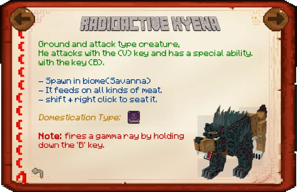 Gamma Creatures Modの図鑑画面。「放射能ハイエナ（Radioactive Hyena）」の解説ページで、サバンナバイオームに生息することや、Bキーでガンマ線を放つ特殊能力などが英語で記載されている。右下にはハイエナの3Dモデルが表示されている。