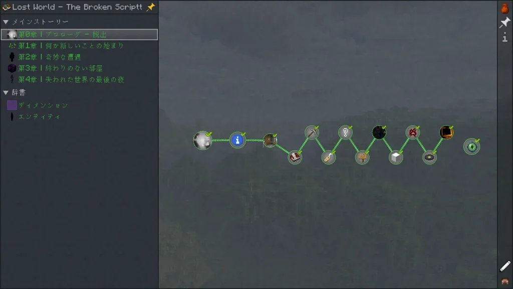 「第0章 プロローグ - 脱出」のクエスト進行画面。アイテムや目標がアイコンで網の目のように繋がっており、ストーリーの進捗を視覚的に確認できるシステムを紹介しています。