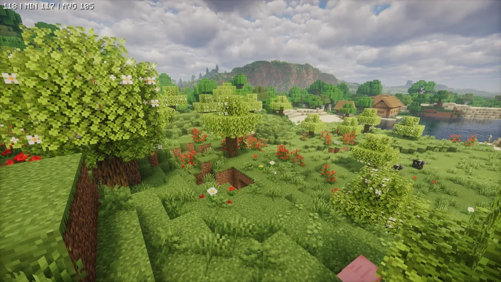 Modによって生成された、白い花が咲く木々と赤い花々が広がる美しい平原バイオーム。明るい日差しと豊かな緑が、この世界に隠された恐怖との対比を描いています。