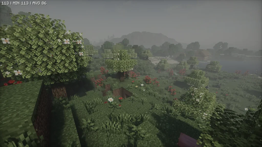 霧の深いHysteria Shadersシェーダーで描写した様子。視界が遮られ全体的に色あせたトーンに変わることで、Modパックの持つ不気味な空気感が強調されています。