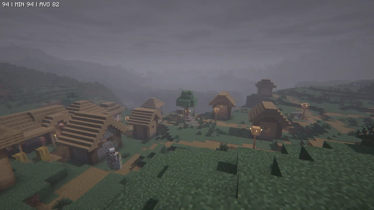 「Insanity Shader」による、重苦しい曇り空と彩度を抑えた村。絶望的な世界観を強調する、ダークで冷ややかな視覚効果が特徴です。