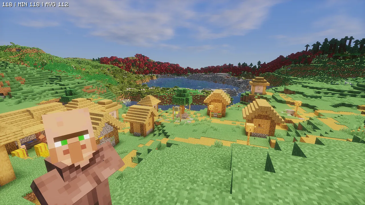 「Mellow」シェーダーを適用し、手前に村人が映り込んだ村。明るく穏やかなライティングが、これから起こる恐怖との対比を描いています。