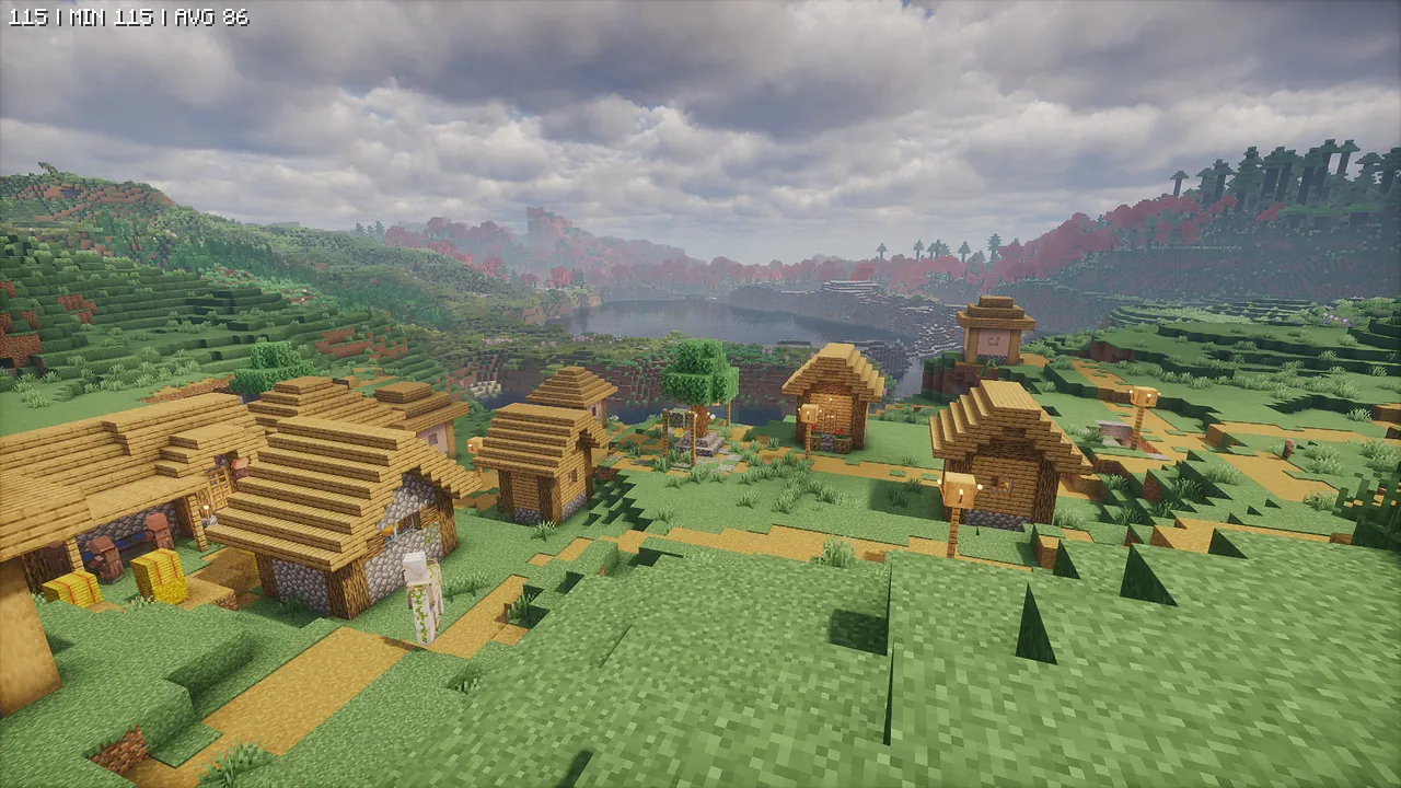 「Photon Shaders」を適用した、鮮やかな色彩とコントラストが際立つ村。光源処理が最適化され、立体感のあるリアルなライティングを実現しています。