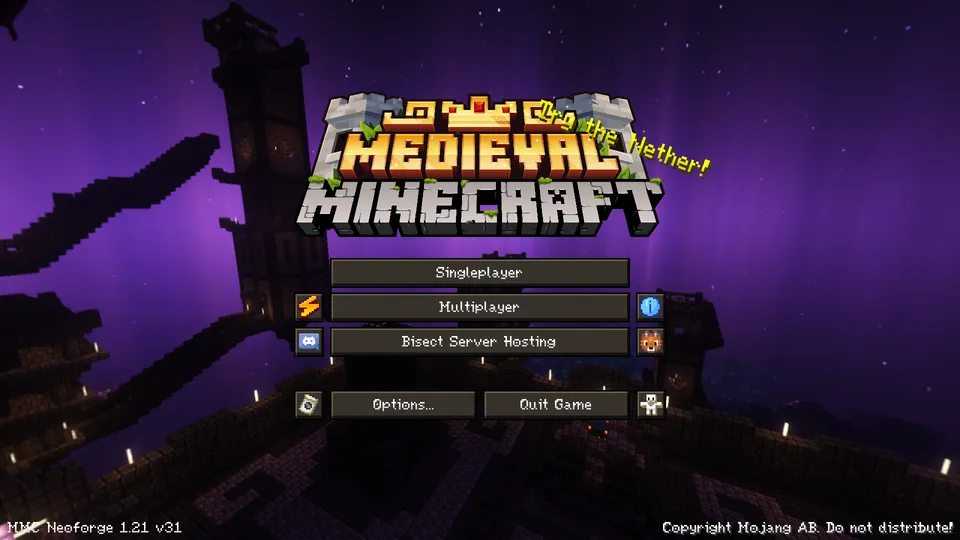 Minecraft Modパック「Medieval MC [NEOFORGE]」のタイトル画面。背景には紫色の空が広がる幻想的な城の景観が描かれ、中世ファンタジーの世界観を象徴するカスタムロゴとメニューボタンが表示されています