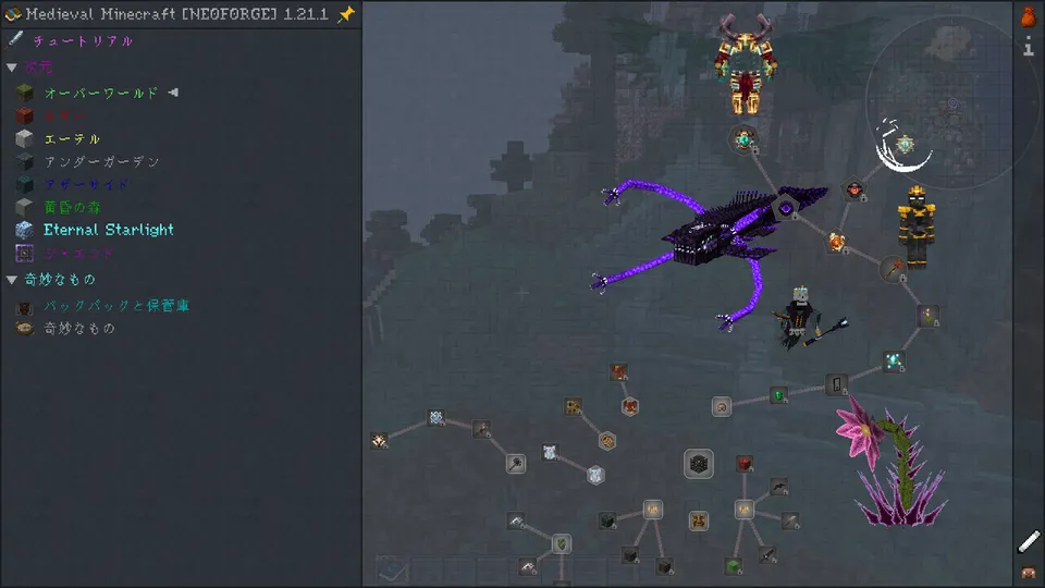 Medieval MCのクエストメニュー画面。中央に巨大な紫色の蛇のようなモンスター、上部に金色の鎧を纏った騎士、右側に黒い人型の敵が表示されており、進行状況に合わせたボス攻略ガイドの仕組みを説明しています。