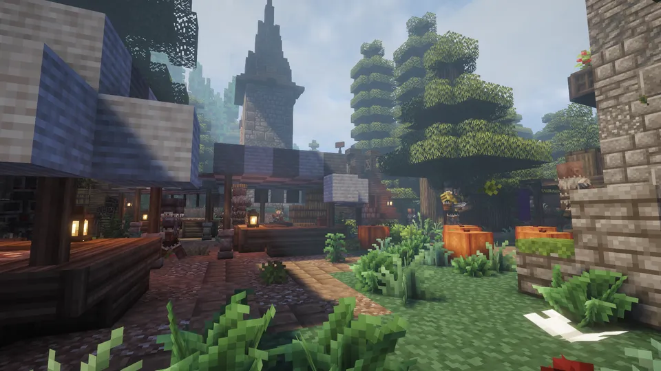 多くの露店が立ち並ぶ村の市場。カボチャや植物が飾られ、多様な職業の村人たちが集まる様子は、Medieval MCにおける村のコミュニティの活発さと、豊かな装飾ブロックのバリエーションを示しています。