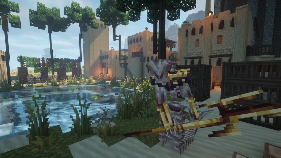 砂漠のオアシスに建つ宮殿と、三叉槍（トライデント）を構えたスケルトン風の守護者。水面に反射する光と砂岩の建物が美しく、特定のバイオーム限定で発生する高難度な遭遇シーンを説明しています。