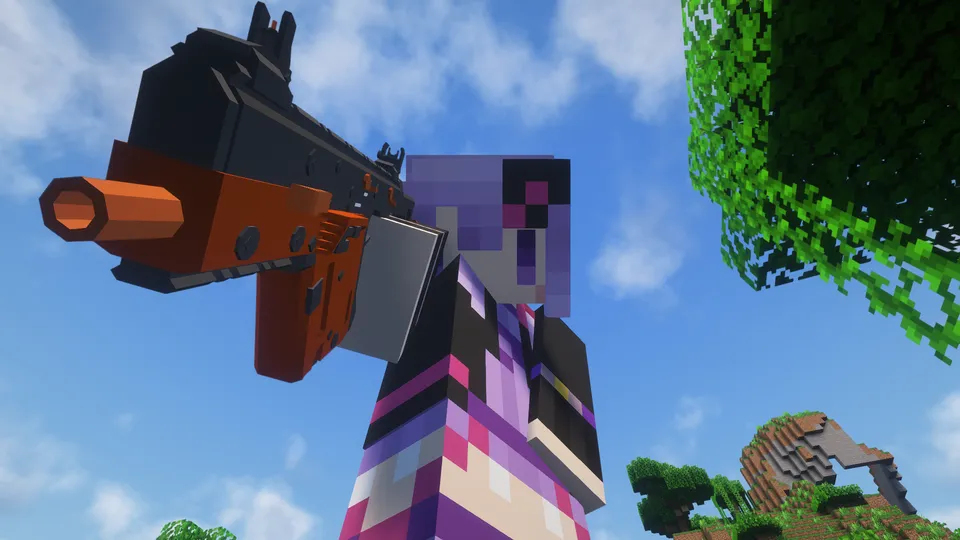 青空を背景に、オレンジと黒のツートンカラーが特徴的なサブマシンガンを下から見上げるようなアングルで構えるキャラクターのスクリーンショット。