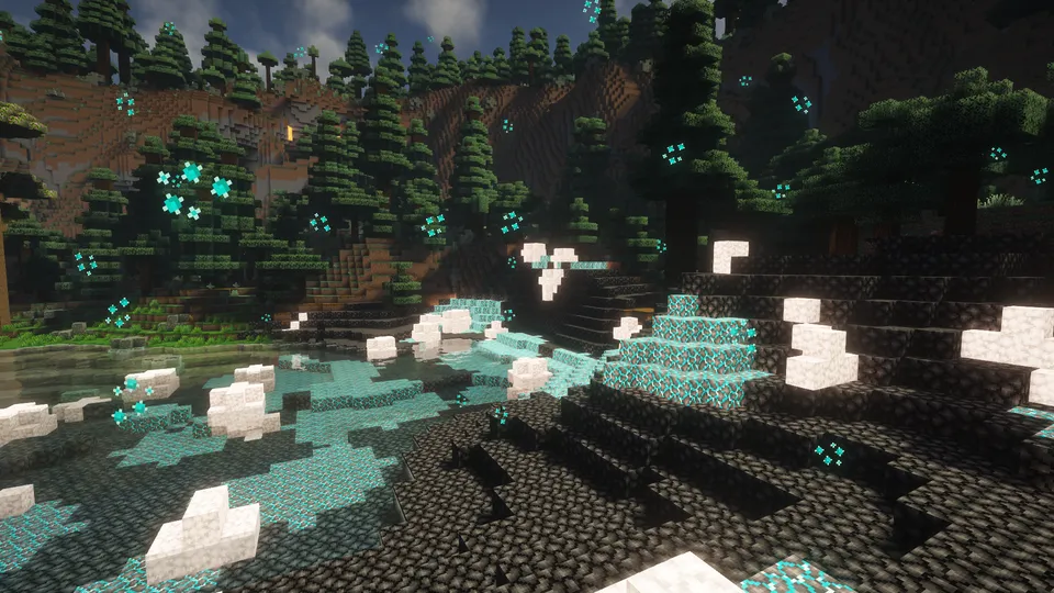 Monster Hunter: Heaven and Hell Modで追加される幻想的な新バイオーム。夜の針葉樹林の湖畔に、エメラルドグリーンに光る鉱石や結晶が散らばり、空には光るパーティクルが舞っている幻想的な夜景のスクリーンショット。