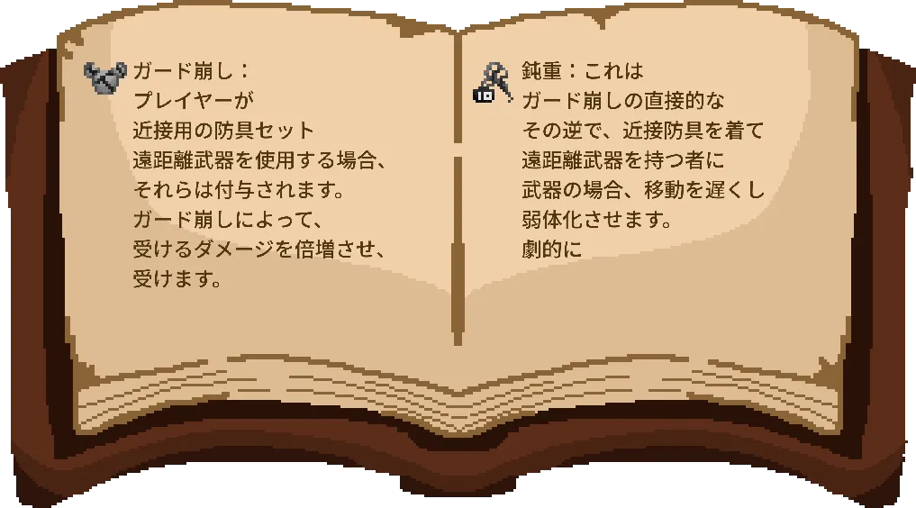 Mod独自のデバフシステム「ガード崩し」と「鈍重」の解説ページ。近接用防具で遠距離武器を使用する際のダメージ増加や、移動速度低下といった制約ルールがドット絵のアイコンと共に説明されています。