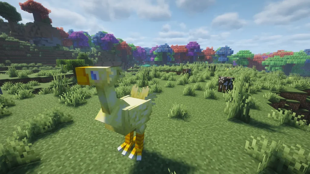 More Animals 2の草原バイオームで、色鮮やかな木々を背景に佇む黄色いチョコボ。