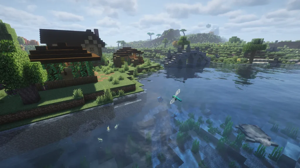 More Animals 2で描画された、水辺を飛ぶトンボや泳ぐカメがいるのどかな村の風景。
