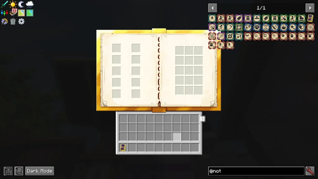 Not Enough Glyphsで追加される、呪文の編成を行うための金色の魔導書UIを開いた場面
