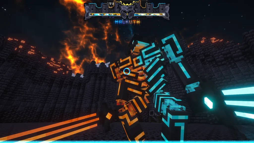 Qliphoth Awakeningで追加される、オレンジと水色に発光する人型ボス、マルクトとの戦闘場面