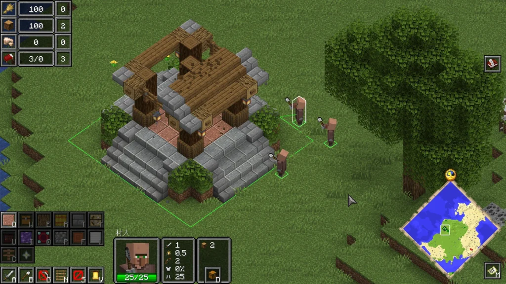 Reign of Nether RTSで村人が建物を建築している見下ろし視点のゲームプレイ画面
