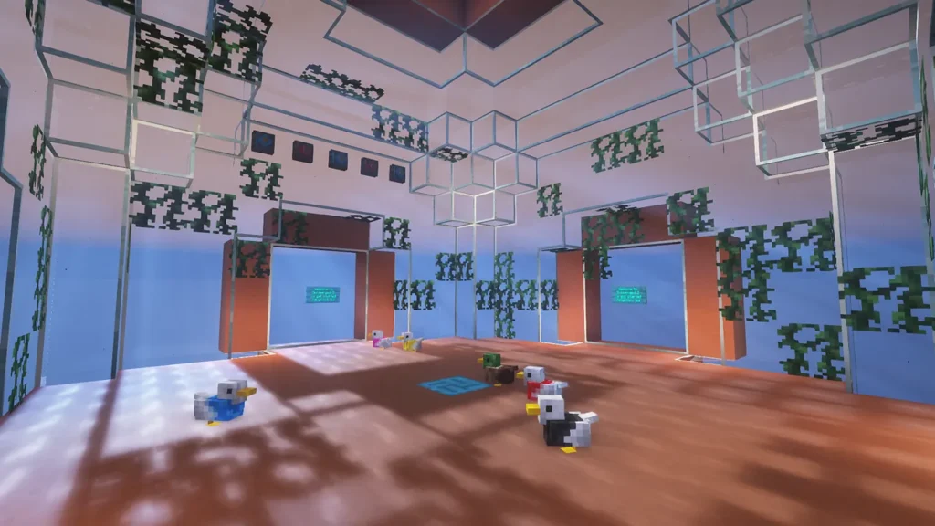 透明なガラスと植物で構成された海中のドーム状拠点で、色とりどりのアヒルたちが歩き回っている初期スポーン地点の様子。