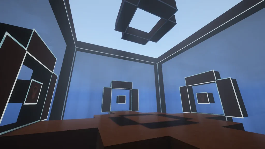 「Seaopolis Submerged 2」の初期拠点となる、海中に設置された立方体のガラスドーム内部。壁面にはテラコッタとガラスで構成された幾何学的な装飾が施されており、周囲には深い青色の海が広がっている。