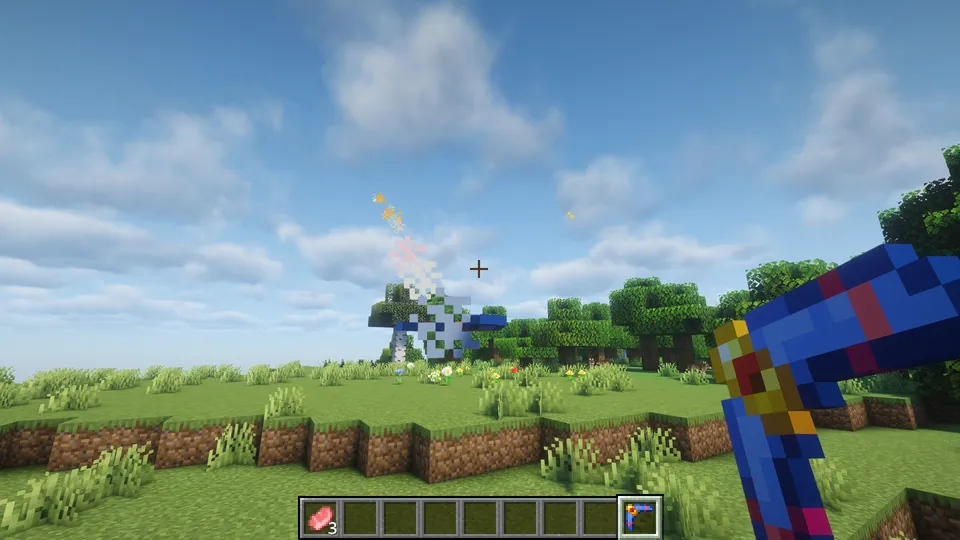 The Legend of Steve Modの「ブーメラン」を使用しているシーン。青と赤のカラーリングが特徴的なブーメランを投げると、青い軌跡を描きながら空を飛び、手元に戻ってくる様子を一人称視点で捉えたスクリーンショット。