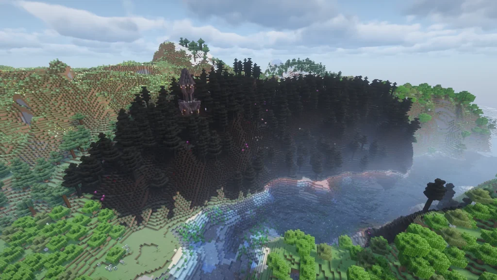 Vampirismで追加される吸血鬼の森のバイオームと、その中心にそびえ立つ吸血鬼の塔を遠景から捉えた様子。