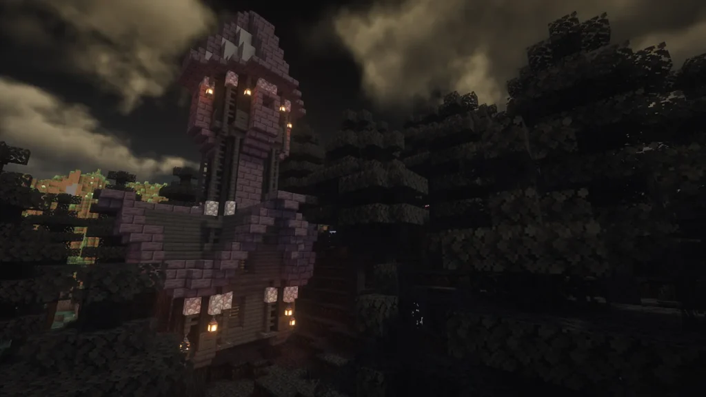 Vampirismで追加される吸血鬼の塔が不気味な黒い森の中に建っている様子。ランタンの灯りが暗闇に浮かんでいる。