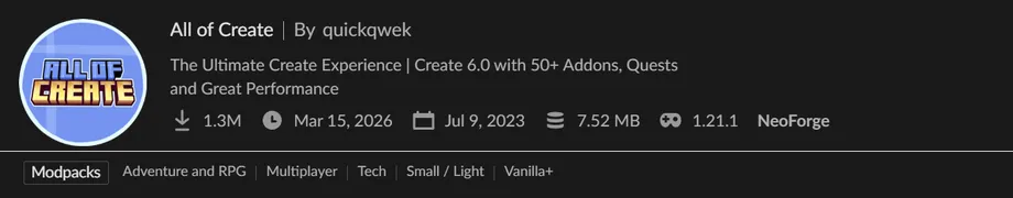 「Create 6.0」を中心に50種類以上のアドオンやクエストを統合した、NeoForge環境で動作する究極の工業体験Modパックの紹介バナー。
