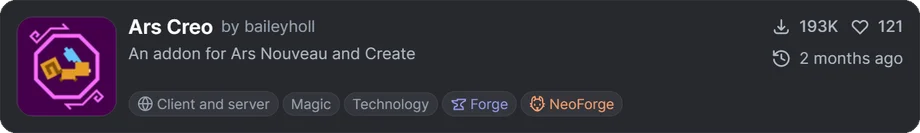 Forge・NeoForgeに対応した、Ars NouveauとCreateの連携アドオン「Ars Creo」の紹介バナー