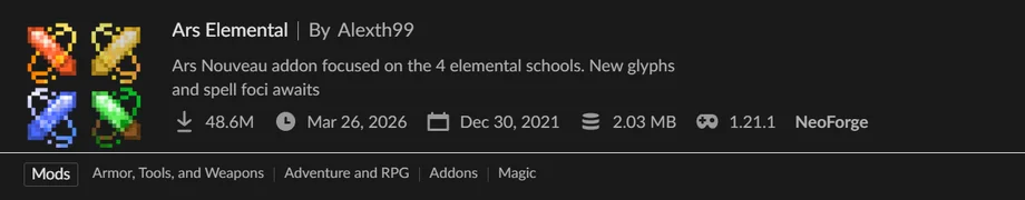 NeoForge対応のArs Nouveau用アドオン「Ars Elemental」の紹介バナー