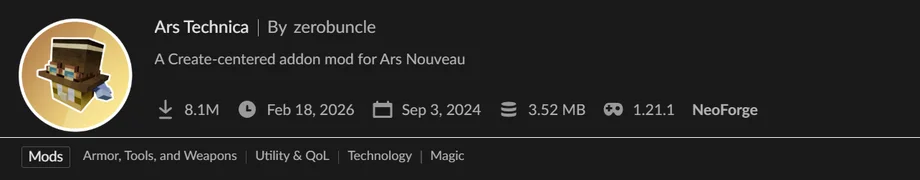 NeoForge対応のArs Nouveau用アドオン「Ars Technica」の紹介バナー