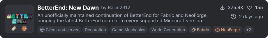 BetterEnd: New DawnのロゴとMOD概要が表示された配布ページ