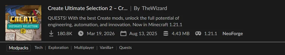 Minecraft 1.21.1対応のNeoForge用Modpack「Create Ultimate Selection 2」を紹介するバナー画像。クエスト機能や、工業化Mod「Create」を中心とした自動化・エンジニアリングに特化した内容であることを説明している。