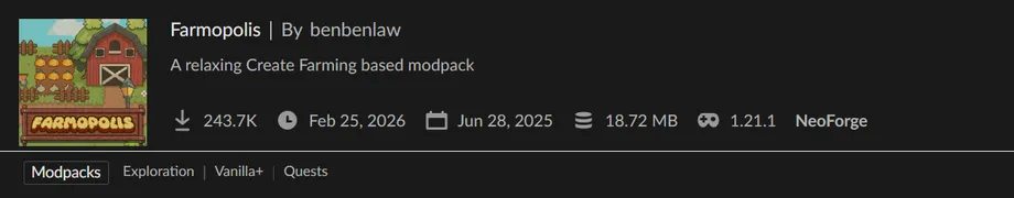 MinecraftのModパック「Farmopolis」の紹介バナー。NeoForge環境のバージョン1.21.1に対応した、農業とCreate Modを主軸とするリラックスしたゲームプレイが特徴であることを示しています。