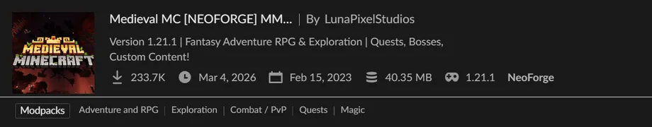 「Medieval MC [NEOFORGE] MMC5」のModパック詳細バナー。LunaPixelStudiosによる制作で、1.21.1対応のファンタジー・アドベンチャーRPG、探索、クエスト、ボス攻略などのカスタムコンテンツを含むMod構成が紹介されています。