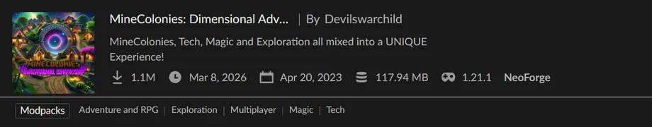 Minecraft 1.21.1のNeoForge環境に対応したModパック「MineColonies: Dimensional Adventure」の概要バナー。MineColonies、工業（Tech）、魔法（Magic）、探索（Exploration）を組み合わせたユニークなゲーム体験を提供することが示されています。