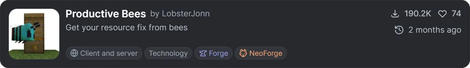 ForgeおよびNeoForgeに対応したProductive Beesで追加される、資源を生産する青いハチと蜂の巣の様子