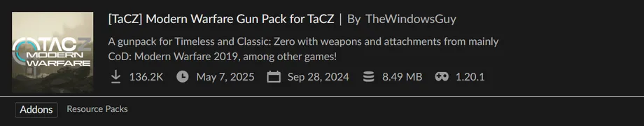 「Modern Warfare Gun Pack for TaCZ」の紹介バナー。CoD: Modern Warfare 2019をモチーフにした武器やアタッチメントを、Minecraft 1.20.1環境に追加するアドオンであることを示しています。