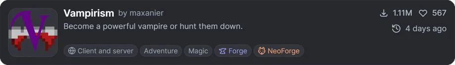 ForgeおよびNeoForgeに対応したMod「Vampirism」の概要バナー。吸血鬼や吸血鬼ハンターになれる要素を紹介している場面。